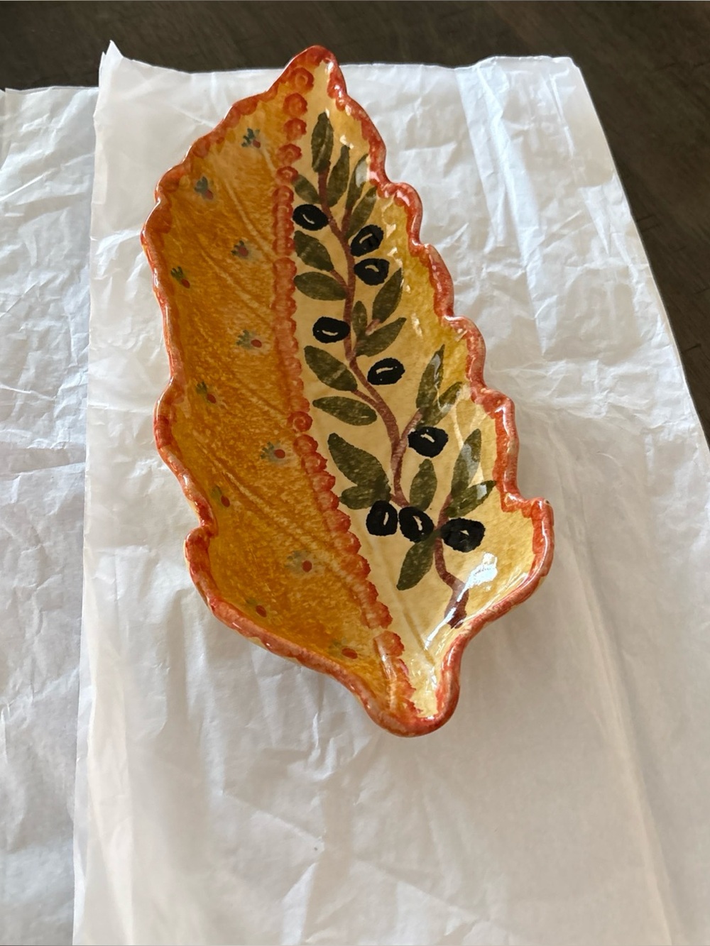 Ceramic Leaf Shaped Olive Branch Fall Italian Bowl Oval